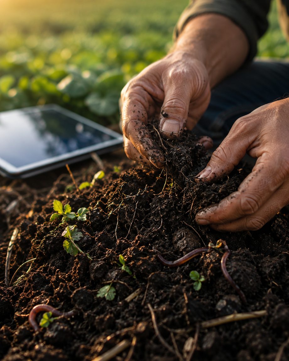 Manos sosteniendo tierra viva junto a una tablet, en pleno campo