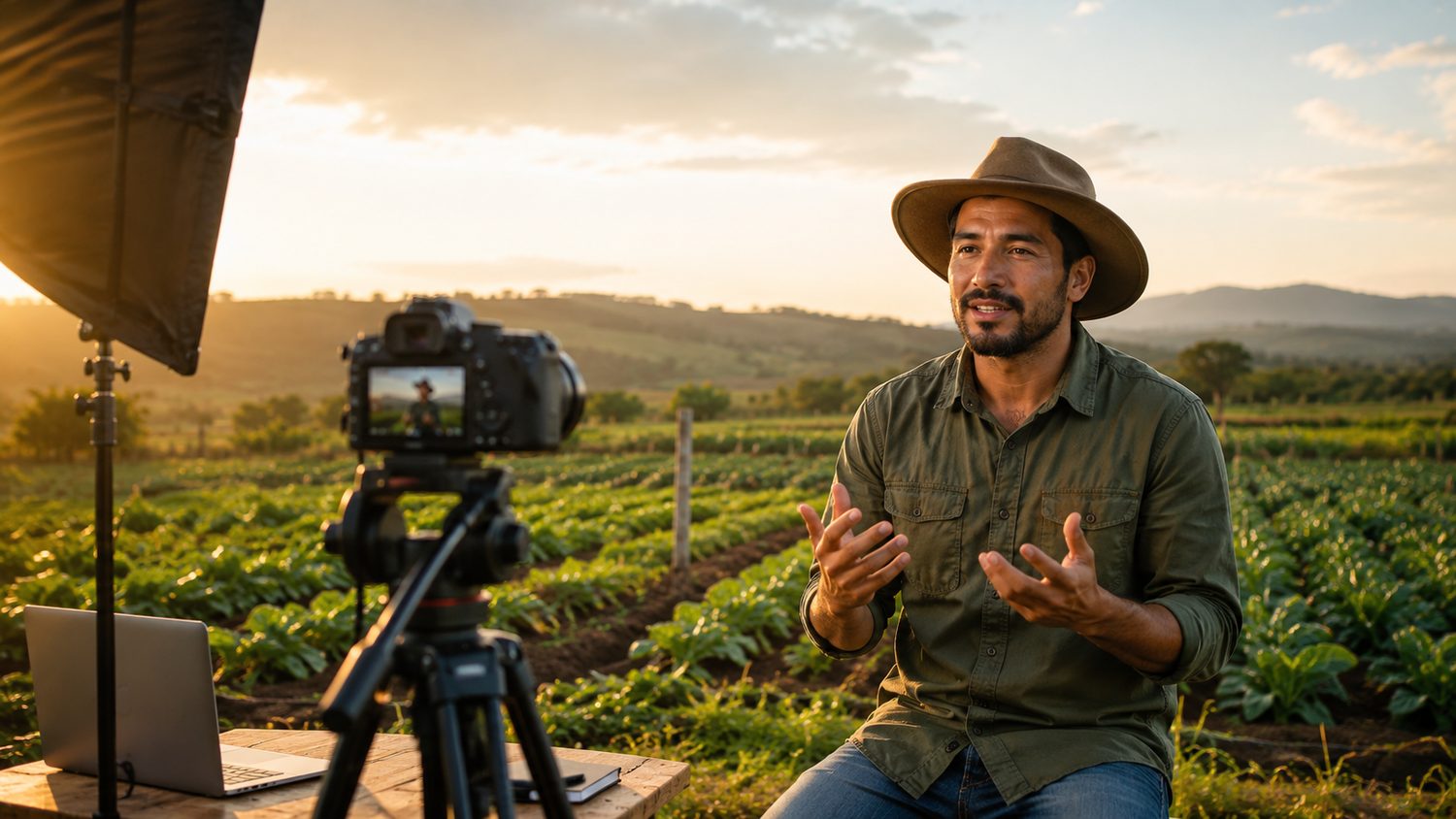 Un experto del agro grabando contenido en el campo al atardecer